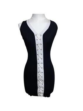 Planet Gold Lace Up Mini Dress Womens XS Black White Ribbed Knit SleevelesV-Neck